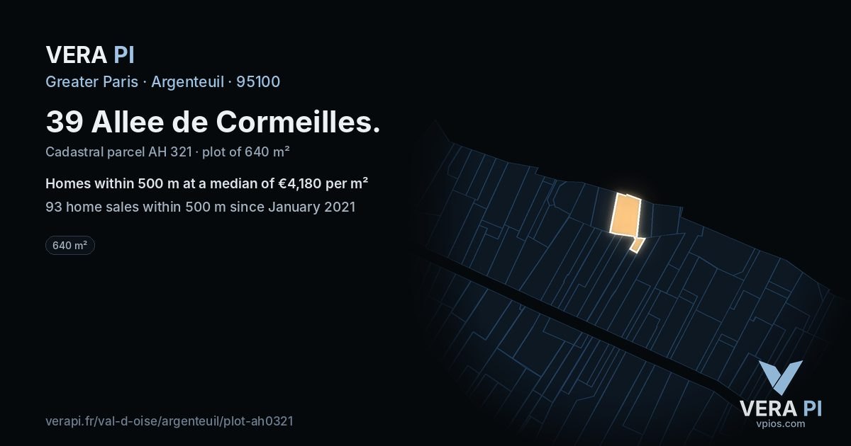 39 Allee de Cormeilles, Argenteuil at night – the plot lit, the parcels around coloured by the prices near them