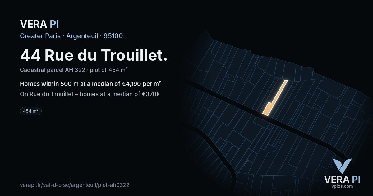 44 Rue du Trouillet, Argenteuil at night – the plot lit, the parcels around coloured by the prices near them
