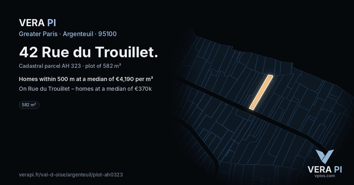 42 Rue du Trouillet, Argenteuil at night – the plot lit, the parcels around coloured by the prices near them