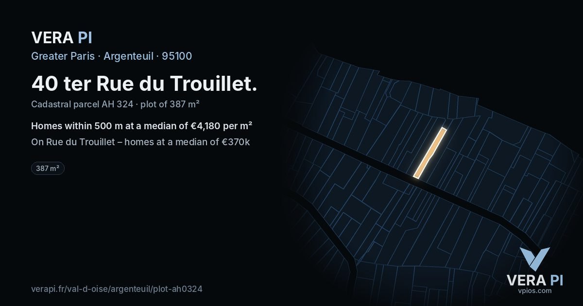 40 ter Rue du Trouillet, Argenteuil at night – the plot lit, the parcels around coloured by the prices near them