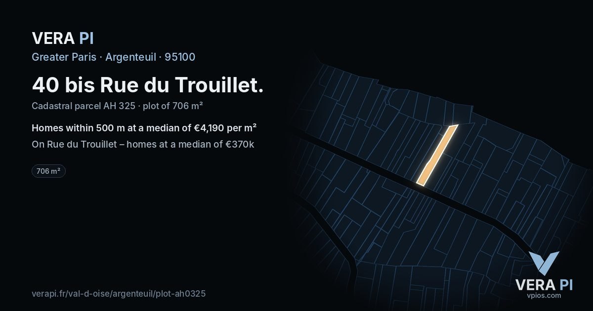 40 bis Rue du Trouillet, Argenteuil at night – the plot lit, the parcels around coloured by the prices near them