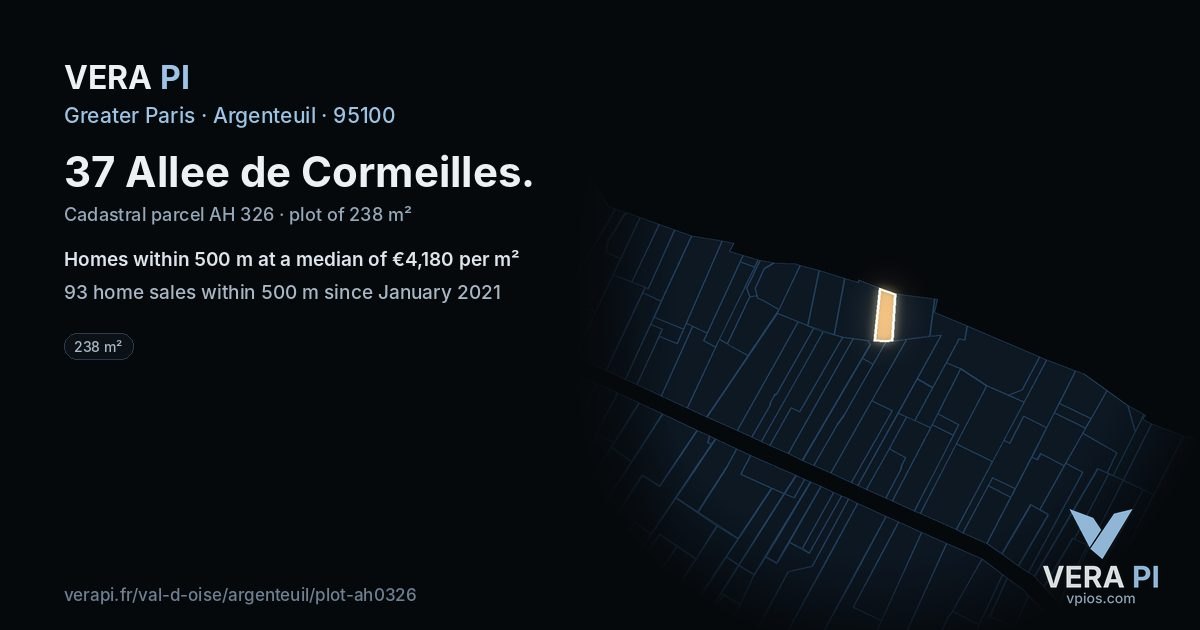 37 Allee de Cormeilles, Argenteuil at night – the plot lit, the parcels around coloured by the prices near them