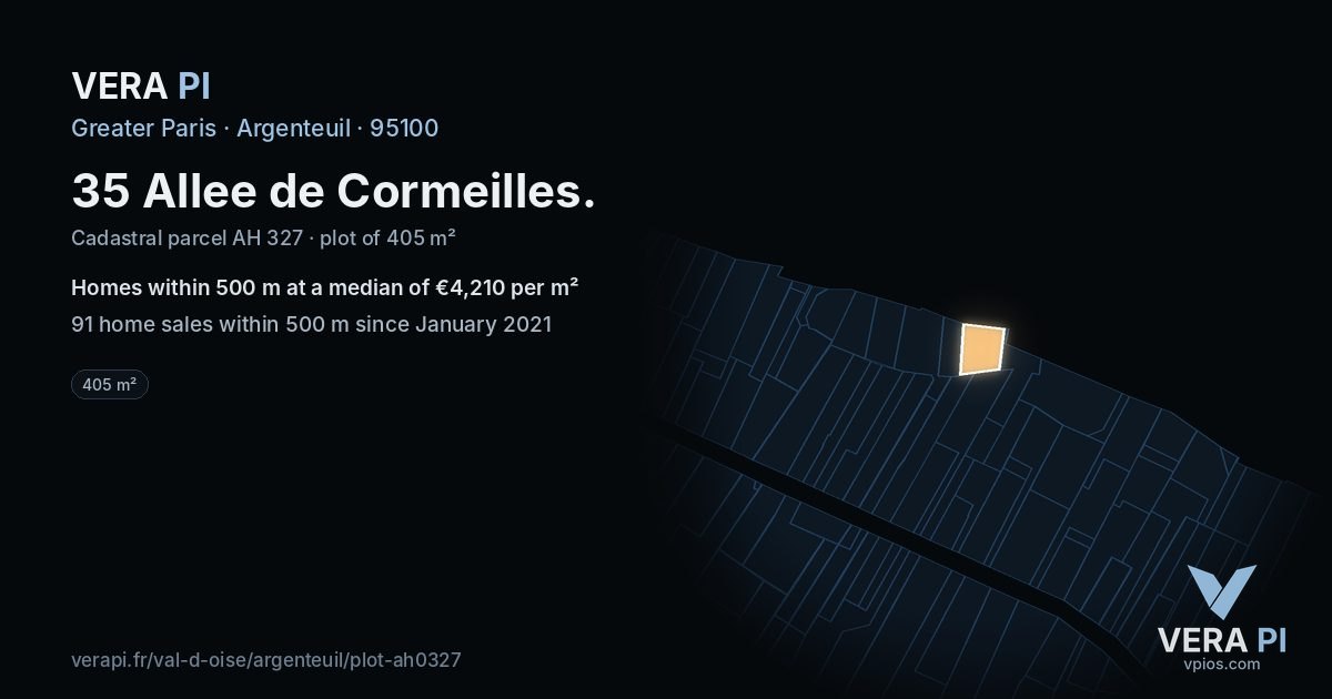 35 Allee de Cormeilles, Argenteuil at night – the plot lit, the parcels around coloured by the prices near them