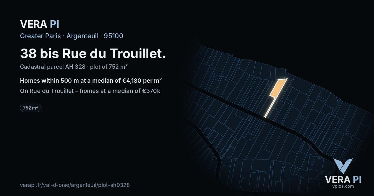38 bis Rue du Trouillet, Argenteuil at night – the plot lit, the parcels around coloured by the prices near them
