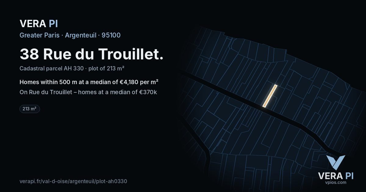 38 Rue du Trouillet, Argenteuil at night – the plot lit, the parcels around coloured by the prices near them