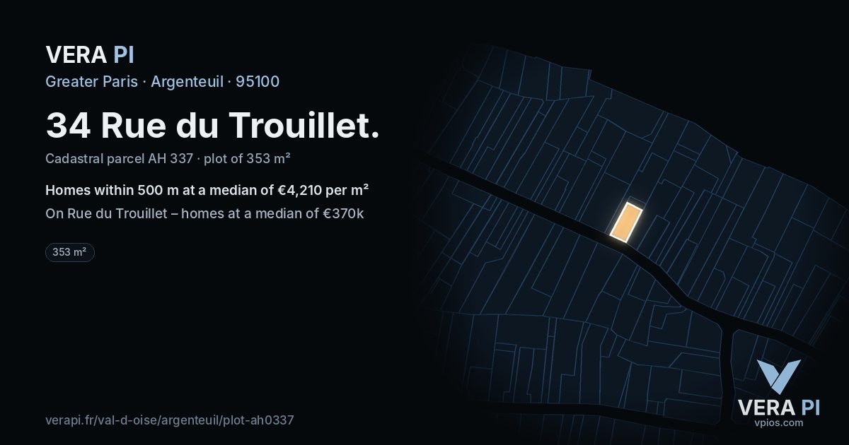 34 Rue du Trouillet, Argenteuil at night – the plot lit, the parcels around coloured by the prices near them