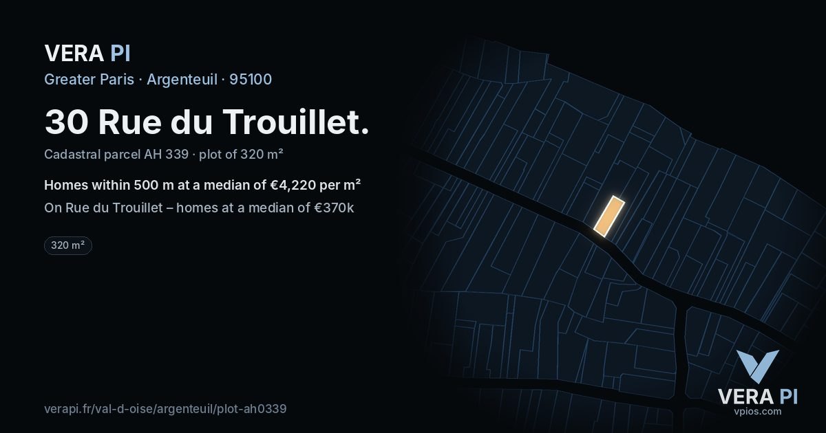 30 Rue du Trouillet, Argenteuil at night – the plot lit, the parcels around coloured by the prices near them