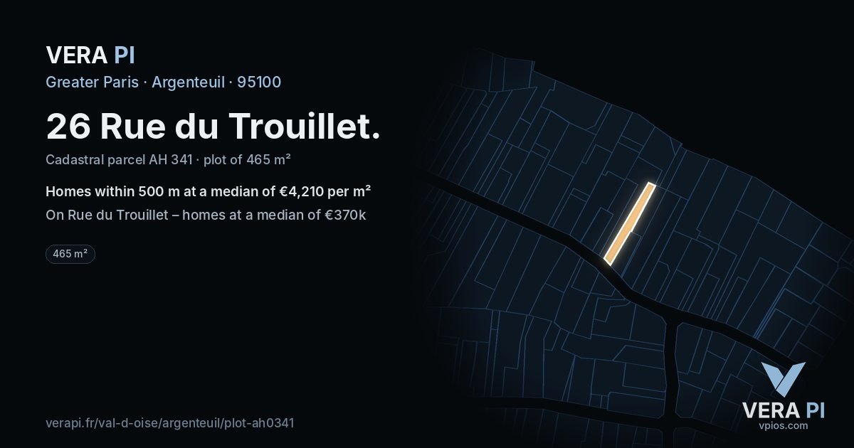 26 Rue du Trouillet, Argenteuil at night – the plot lit, the parcels around coloured by the prices near them