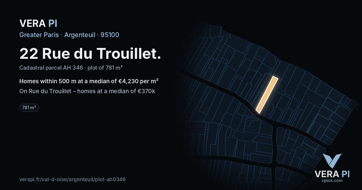 22 Rue du Trouillet, Argenteuil at night – the plot lit, the parcels around coloured by the prices near them