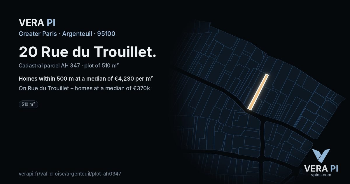 20 Rue du Trouillet, Argenteuil at night – the plot lit, the parcels around coloured by the prices near them