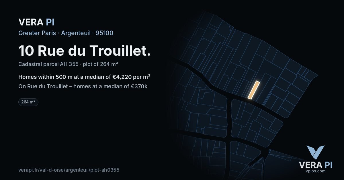 10 Rue du Trouillet, Argenteuil at night – the plot lit, the parcels around coloured by the prices near them