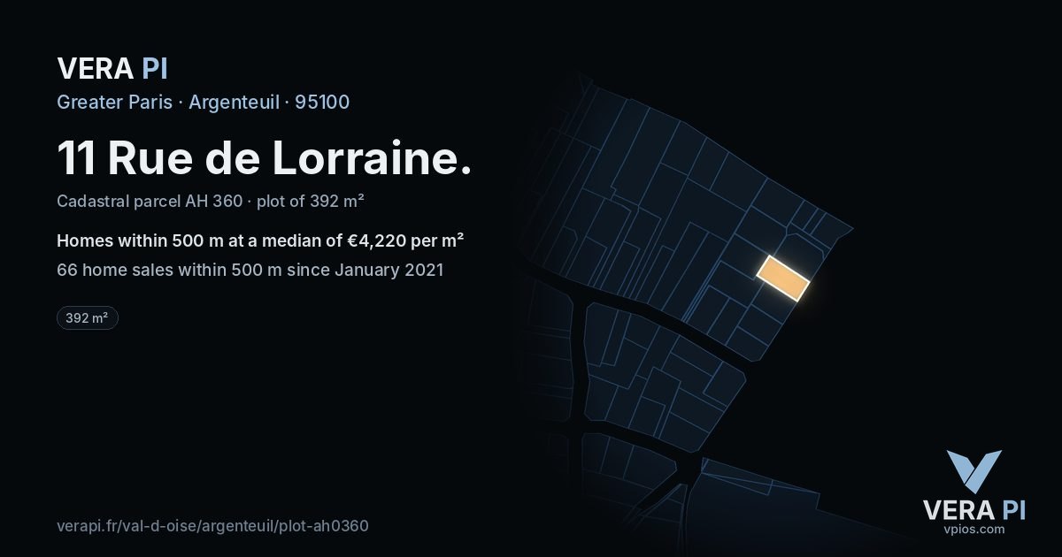 11 Rue de Lorraine, Argenteuil at night – the plot lit, the parcels around coloured by the prices near them