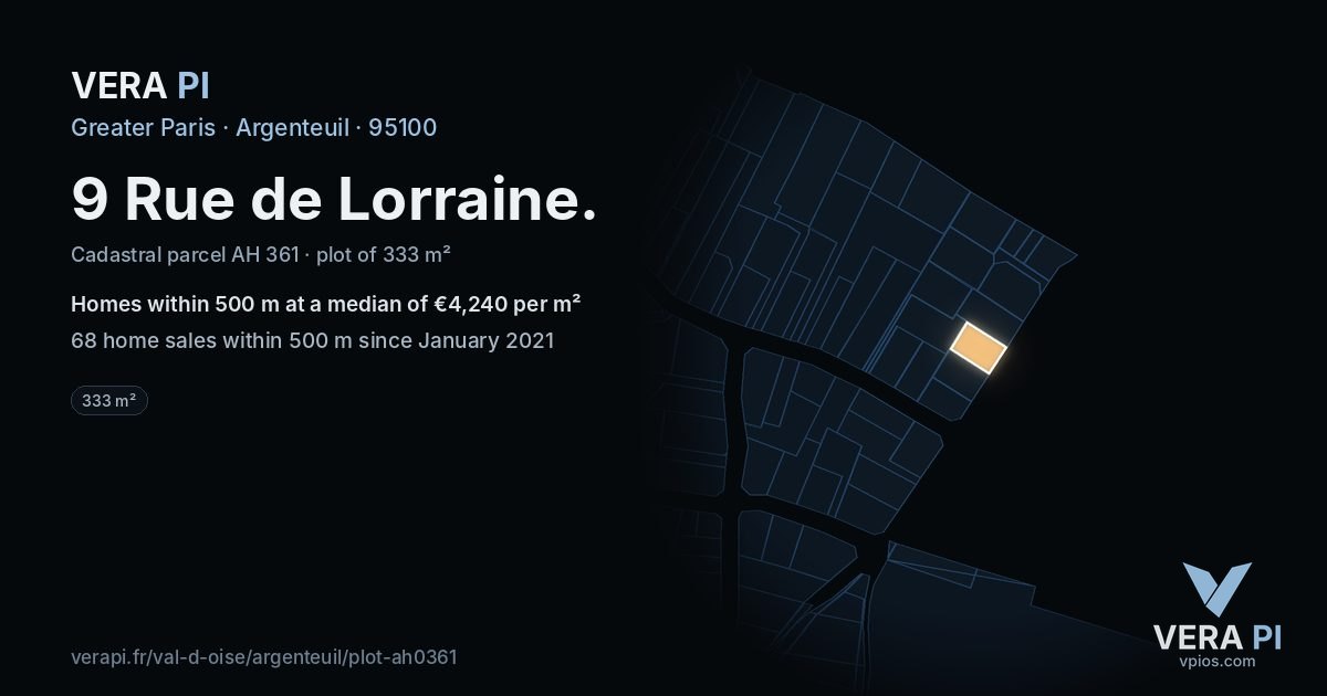 9 Rue de Lorraine, Argenteuil at night – the plot lit, the parcels around coloured by the prices near them
