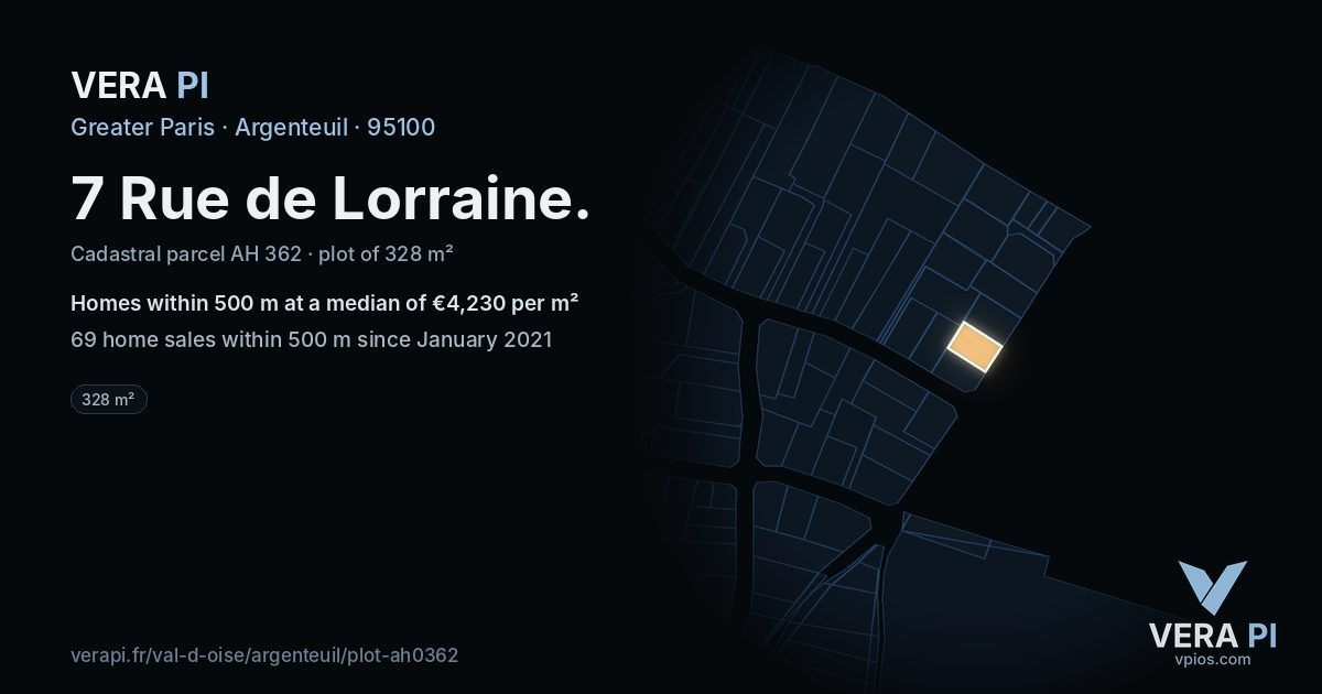 7 Rue de Lorraine, Argenteuil at night – the plot lit, the parcels around coloured by the prices near them
