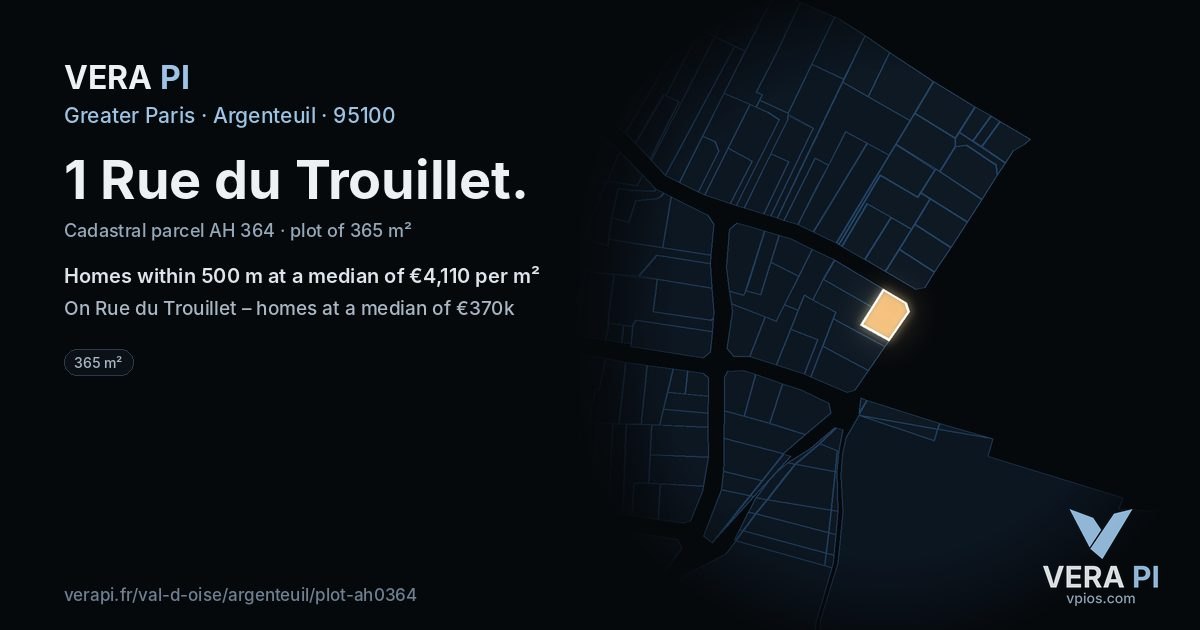 1 Rue du Trouillet, Argenteuil at night – the plot lit, the parcels around coloured by the prices near them