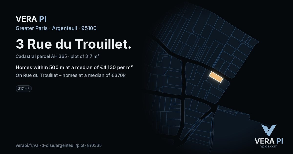 3 Rue du Trouillet, Argenteuil at night – the plot lit, the parcels around coloured by the prices near them