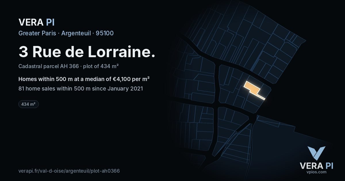 3 Rue de Lorraine, Argenteuil at night – the plot lit, the parcels around coloured by the prices near them
