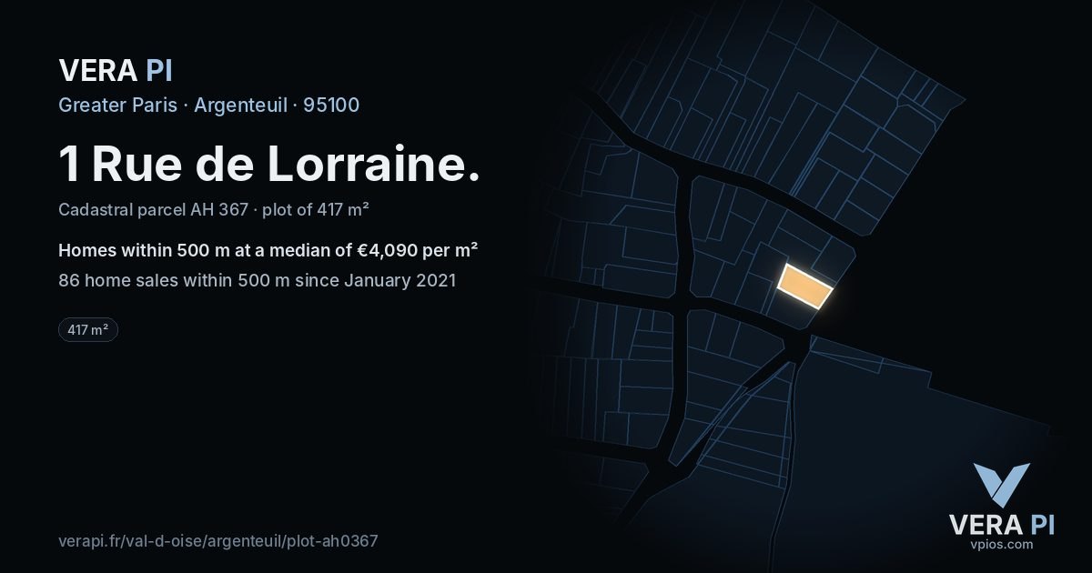 1 Rue de Lorraine, Argenteuil at night – the plot lit, the parcels around coloured by the prices near them