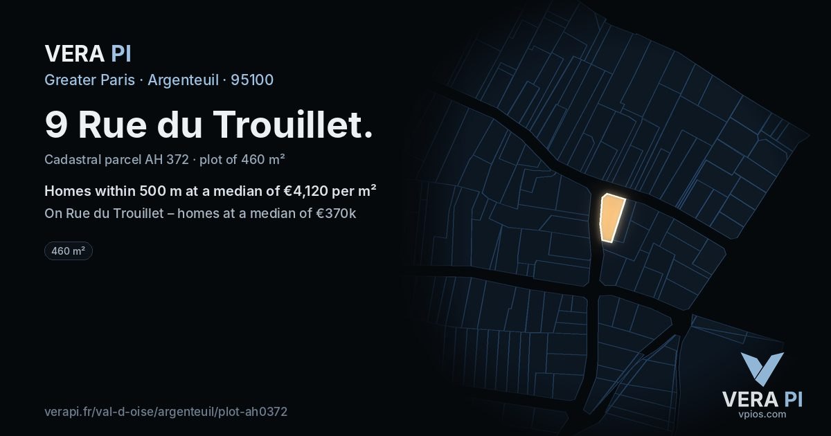 9 Rue du Trouillet, Argenteuil at night – the plot lit, the parcels around coloured by the prices near them