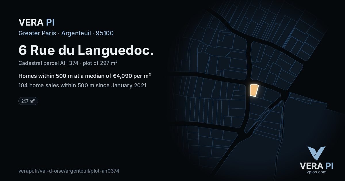 6 Rue du Languedoc, Argenteuil at night – the plot lit, the parcels around coloured by the prices near them