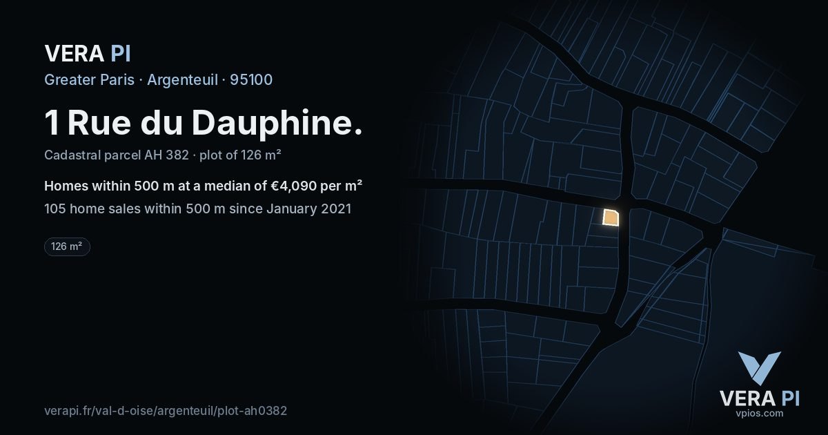 1 Rue du Dauphine, Argenteuil at night – the plot lit, the parcels around coloured by the prices near them