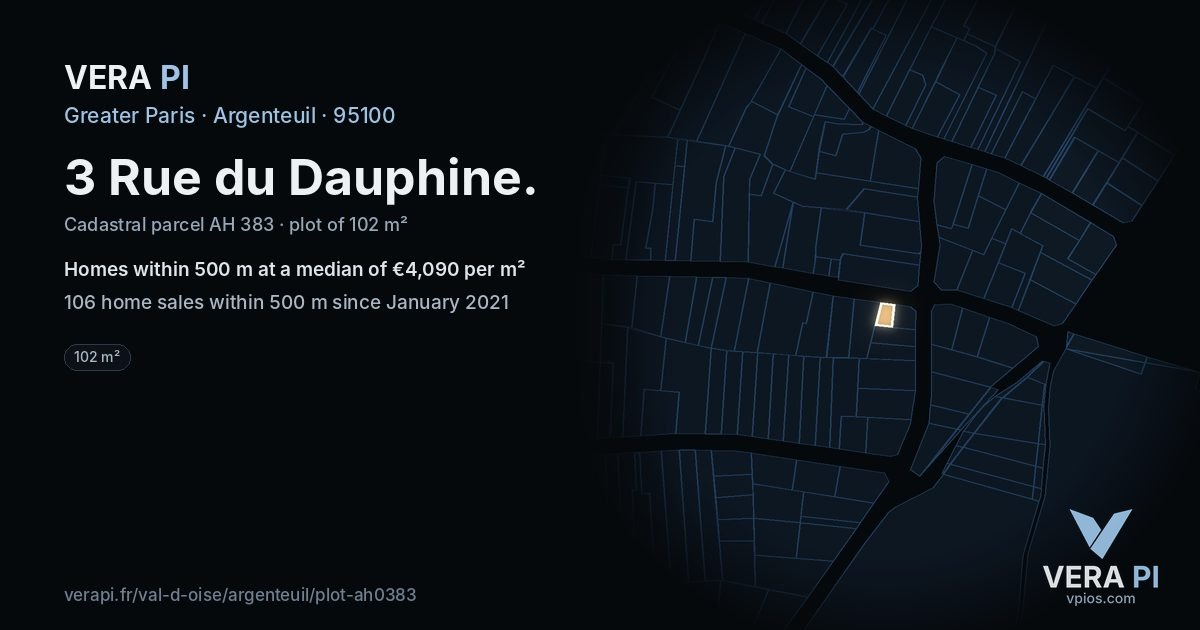 3 Rue du Dauphine, Argenteuil at night – the plot lit, the parcels around coloured by the prices near them