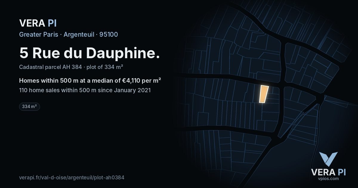 5 Rue du Dauphine, Argenteuil at night – the plot lit, the parcels around coloured by the prices near them