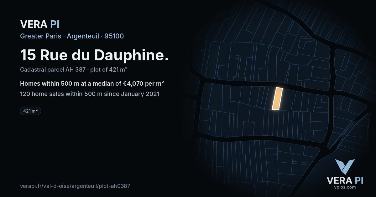 15 Rue du Dauphine, Argenteuil at night – the plot lit, the parcels around coloured by the prices near them