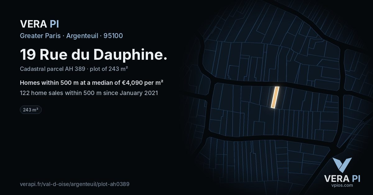 19 Rue du Dauphine, Argenteuil at night – the plot lit, the parcels around coloured by the prices near them