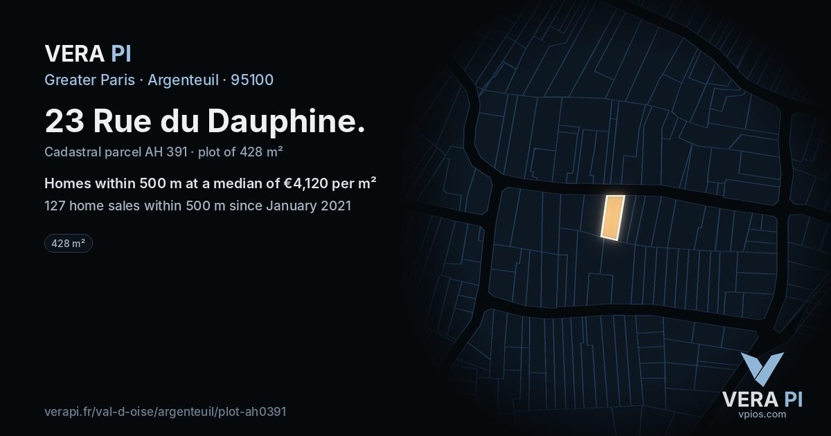 23 Rue du Dauphine, Argenteuil at night – the plot lit, the parcels around coloured by the prices near them