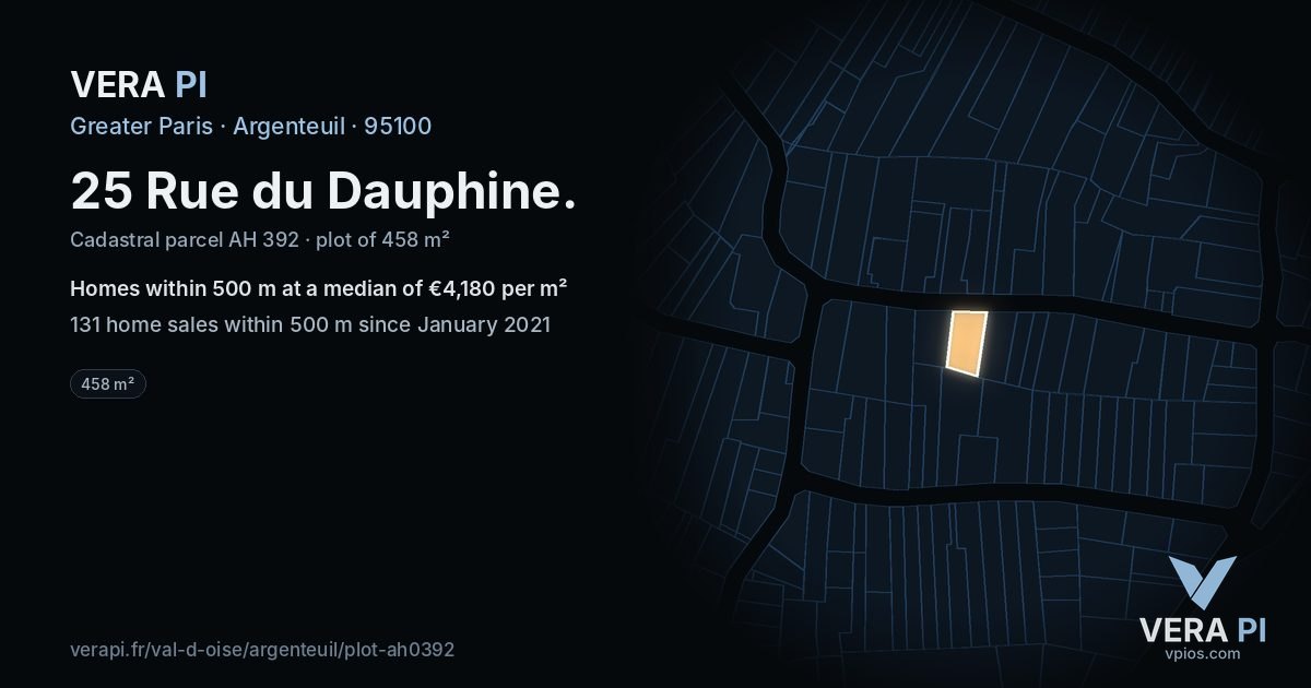 25 Rue du Dauphine, Argenteuil at night – the plot lit, the parcels around coloured by the prices near them
