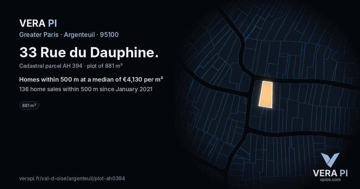 33 Rue du Dauphine, Argenteuil at night – the plot lit, the parcels around coloured by the prices near them