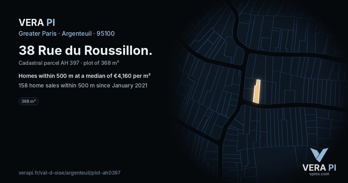 38 Rue du Roussillon, Argenteuil at night – the plot lit, the parcels around coloured by the prices near them