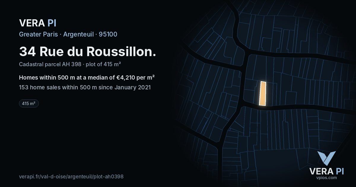 34 Rue du Roussillon, Argenteuil at night – the plot lit, the parcels around coloured by the prices near them