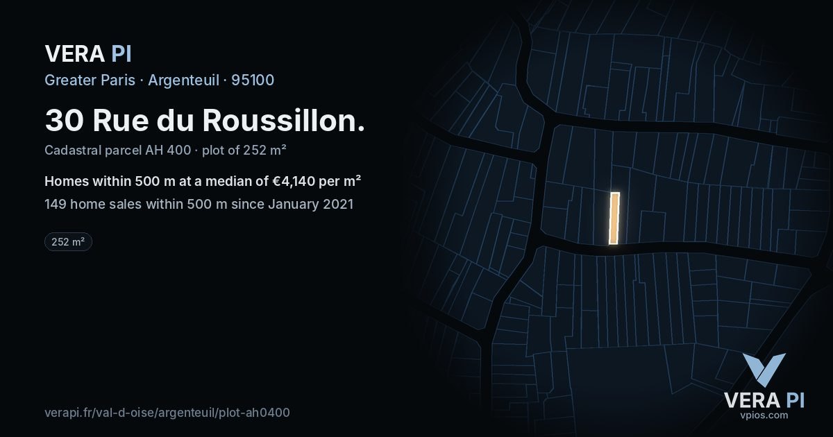 30 Rue du Roussillon, Argenteuil at night – the plot lit, the parcels around coloured by the prices near them