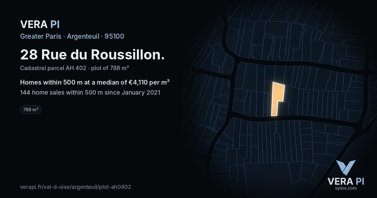 28 Rue du Roussillon, Argenteuil at night – the plot lit, the parcels around coloured by the prices near them