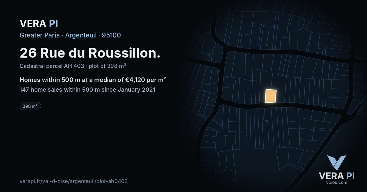 26 Rue du Roussillon, Argenteuil at night – the plot lit, the parcels around coloured by the prices near them