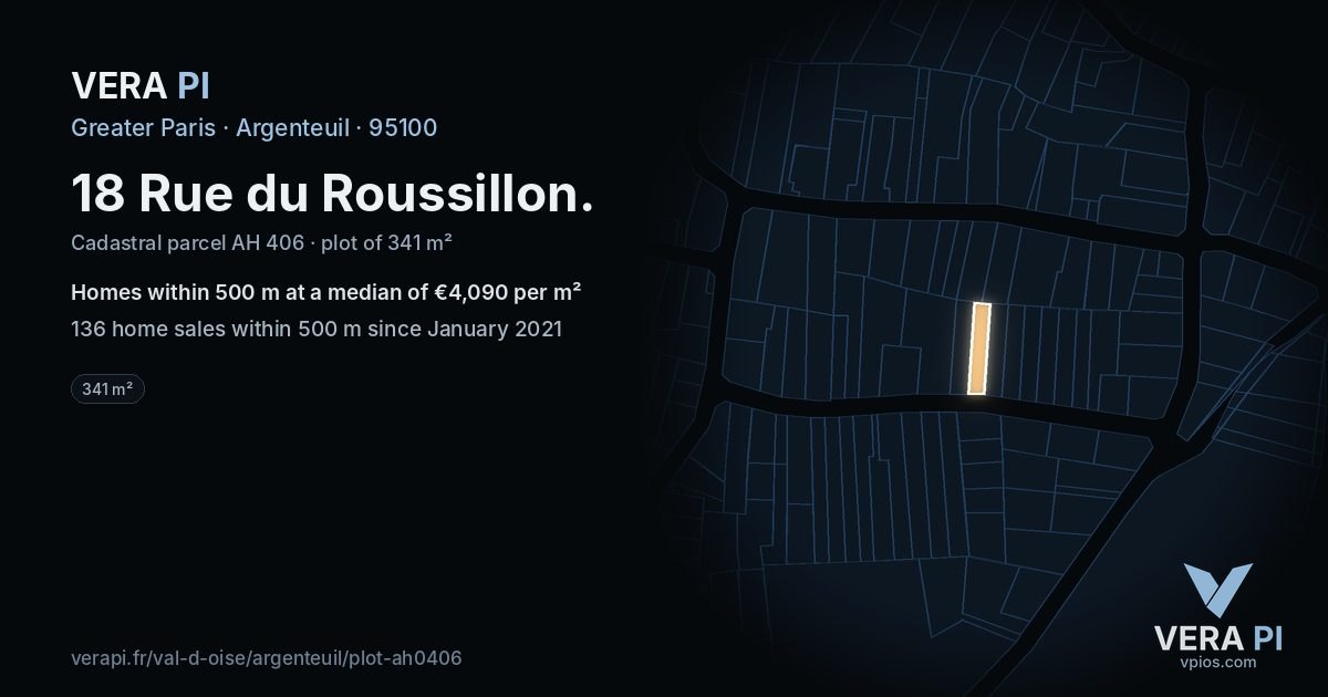 18 Rue du Roussillon, Argenteuil at night – the plot lit, the parcels around coloured by the prices near them