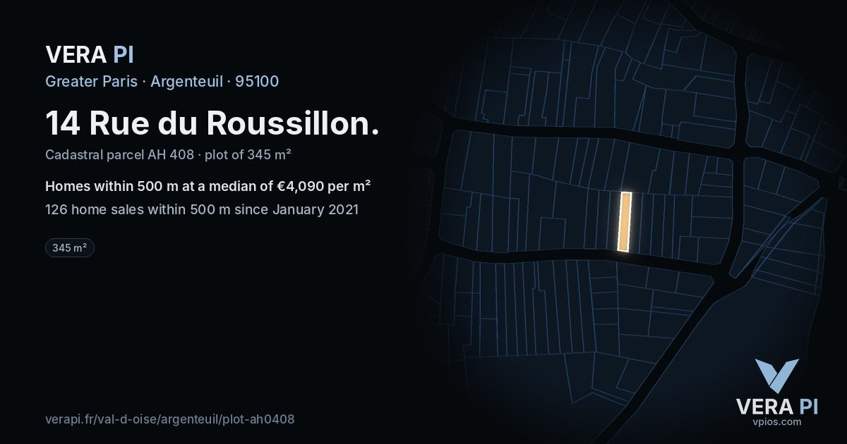 14 Rue du Roussillon, Argenteuil at night – the plot lit, the parcels around coloured by the prices near them