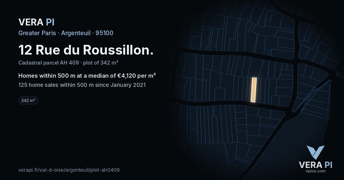 12 Rue du Roussillon, Argenteuil at night – the plot lit, the parcels around coloured by the prices near them