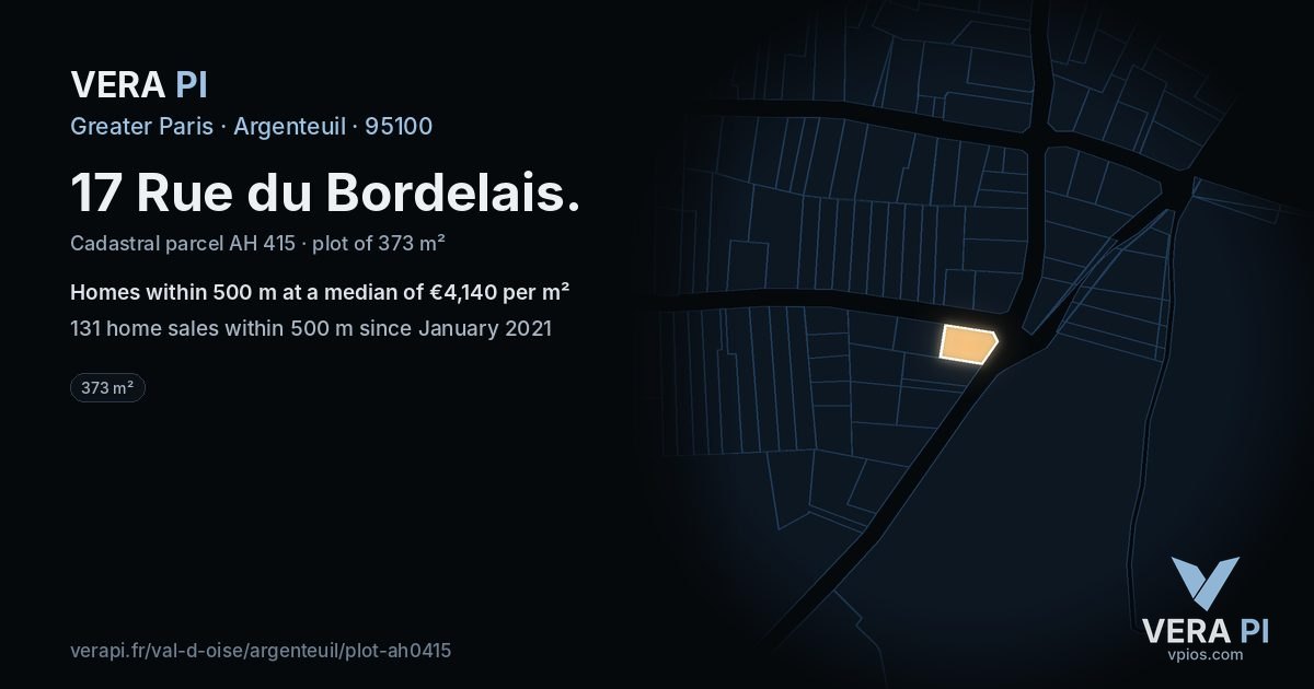 17 Rue du Bordelais, Argenteuil at night – the plot lit, the parcels around coloured by the prices near them