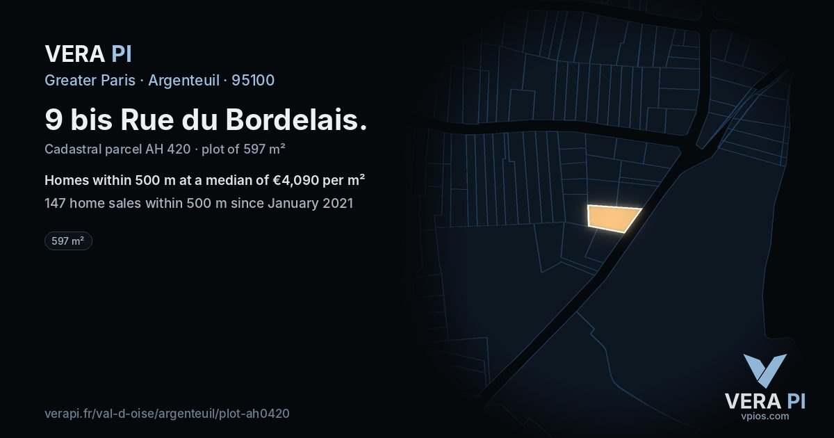 9 bis Rue du Bordelais, Argenteuil at night – the plot lit, the parcels around coloured by the prices near them