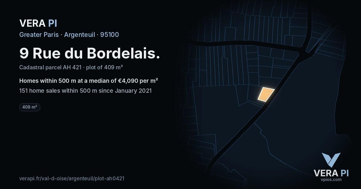 9 Rue du Bordelais, Argenteuil at night – the plot lit, the parcels around coloured by the prices near them