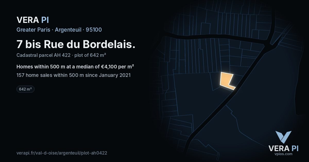 7 bis Rue du Bordelais, Argenteuil at night – the plot lit, the parcels around coloured by the prices near them