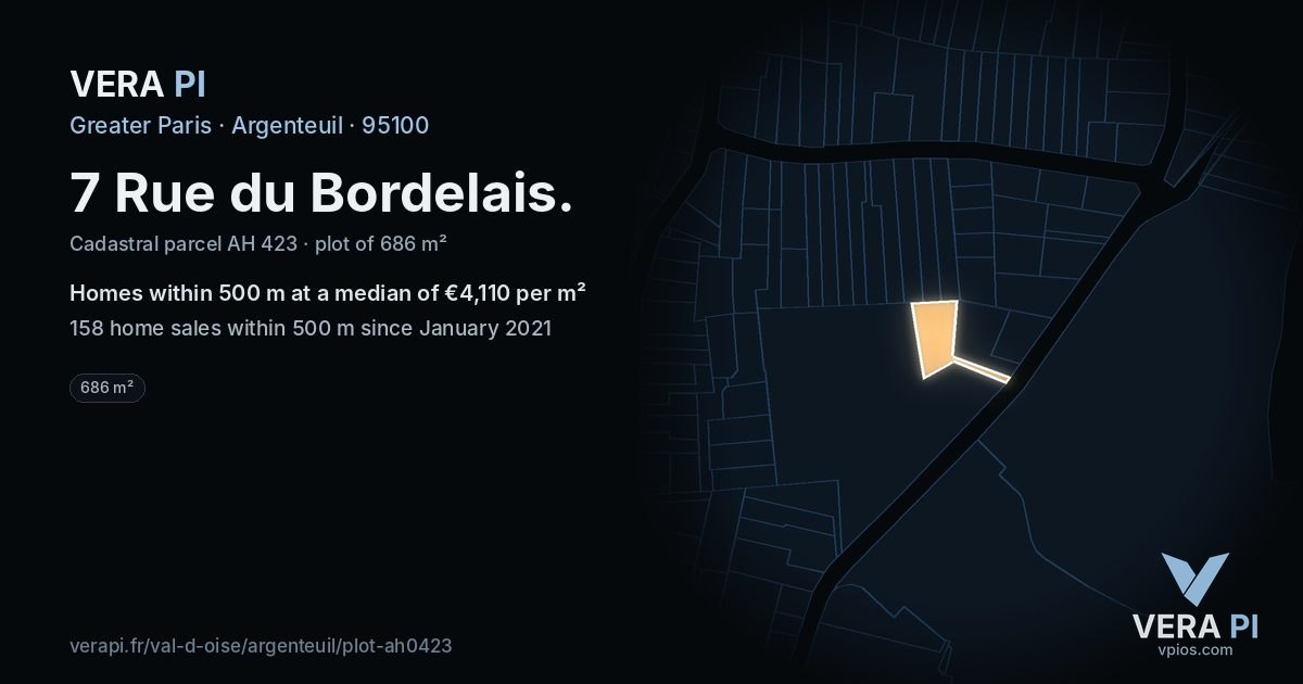 7 Rue du Bordelais, Argenteuil at night – the plot lit, the parcels around coloured by the prices near them
