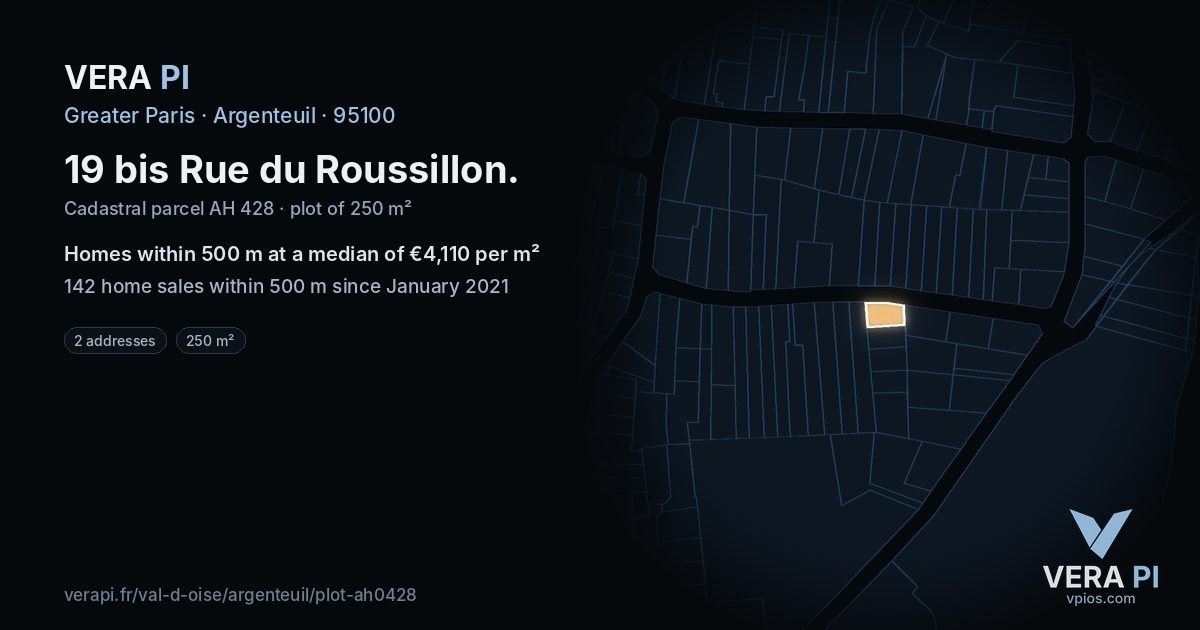 19 bis Rue du Roussillon, Argenteuil at night – the plot lit, the parcels around coloured by the prices near them