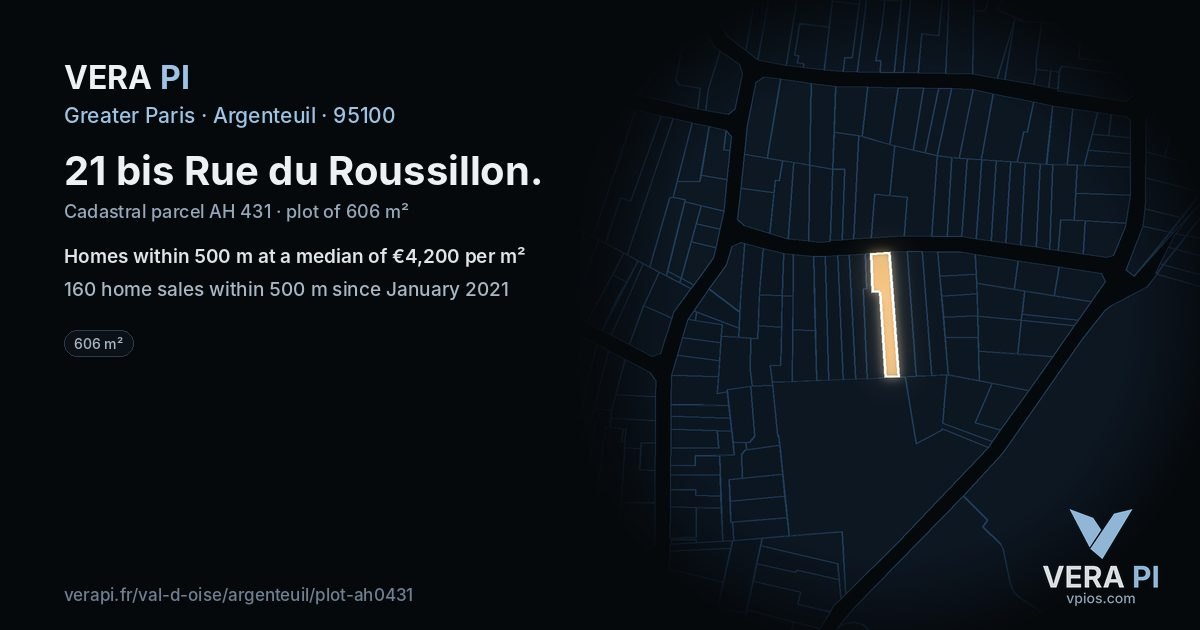 21 bis Rue du Roussillon, Argenteuil at night – the plot lit, the parcels around coloured by the prices near them