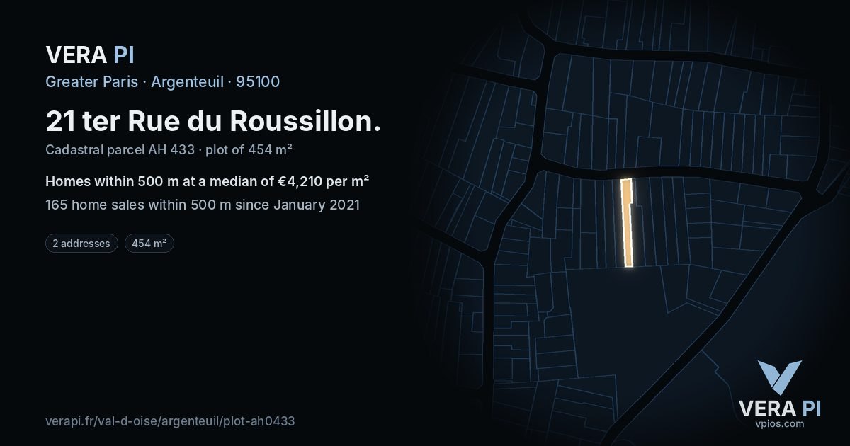 21 ter Rue du Roussillon, Argenteuil at night – the plot lit, the parcels around coloured by the prices near them
