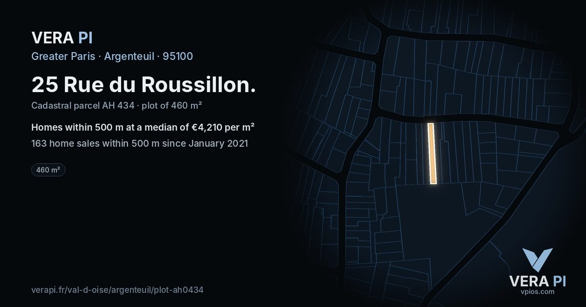 25 Rue du Roussillon, Argenteuil at night – the plot lit, the parcels around coloured by the prices near them