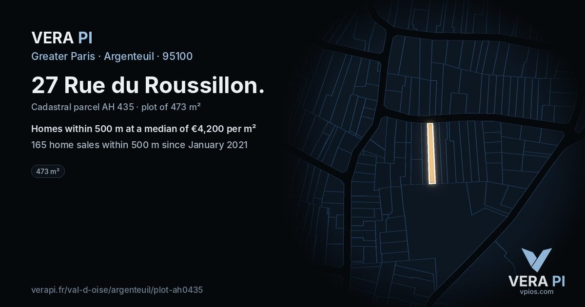 27 Rue du Roussillon, Argenteuil at night – the plot lit, the parcels around coloured by the prices near them
